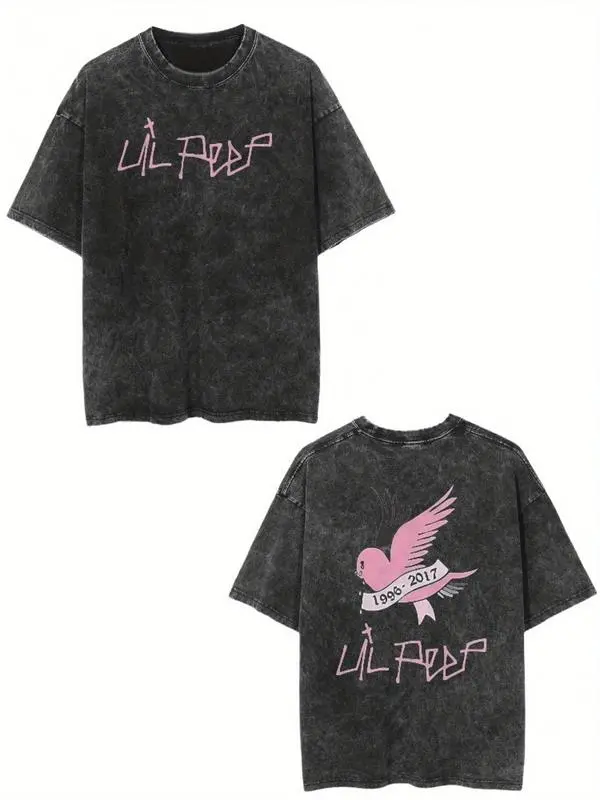 Lil Peep Logo & Iconic Cry Face T-Shirt - Double-Sided Vintage Washed Oversized Unise Tee for Men & Women, Lil Peep Merchandise, Hot Transfer Print Streetwear (Pink/Purple) - -Season Casual Outfit, Hip Hop Shirt, Mens Tshirt, Christmas, Hallowee