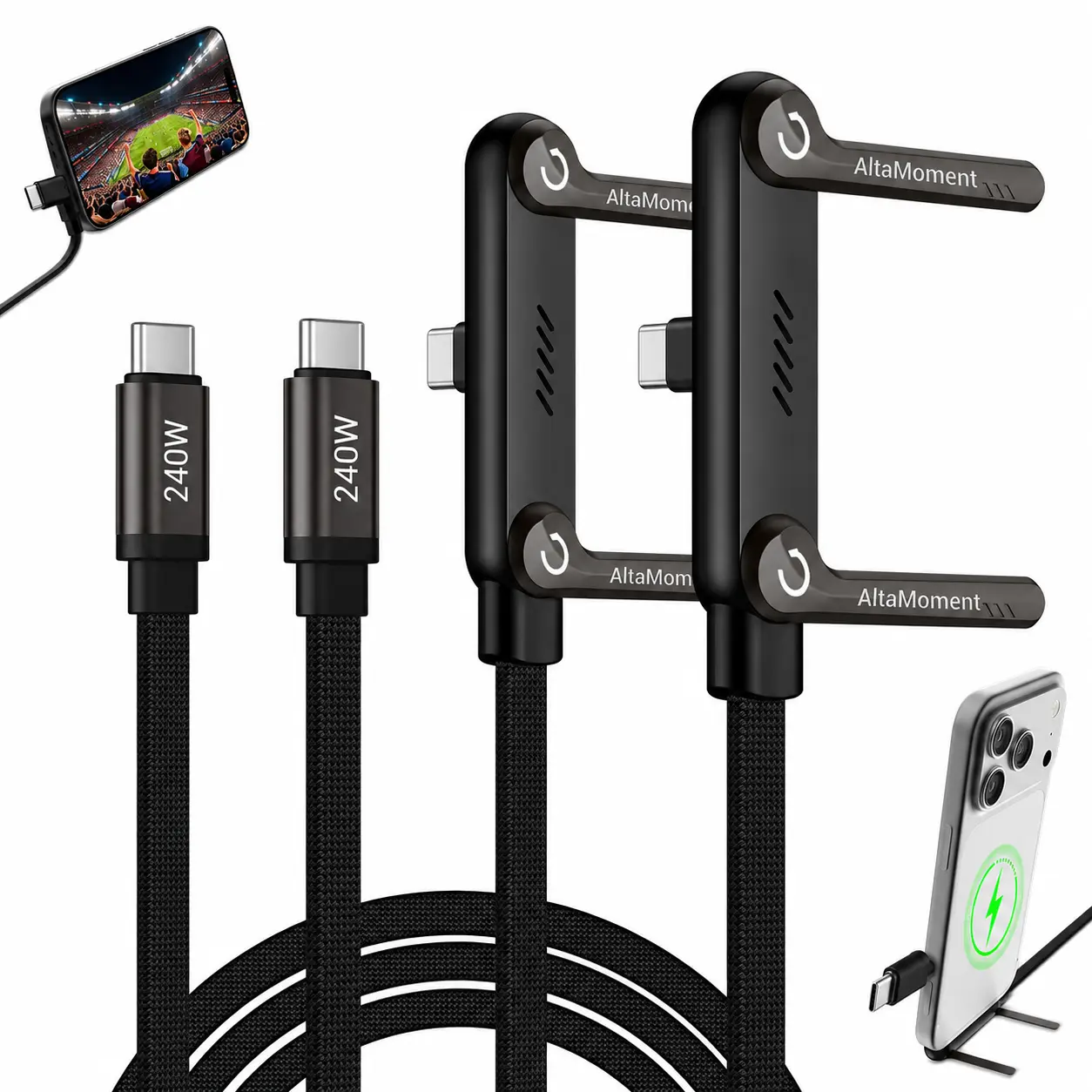 2-Pack USB-C to USB-C Foldable Kickstand Fast Charging Cable – Zinc Alloy Rotating Phone Stand, Durable Braided Charging Cord