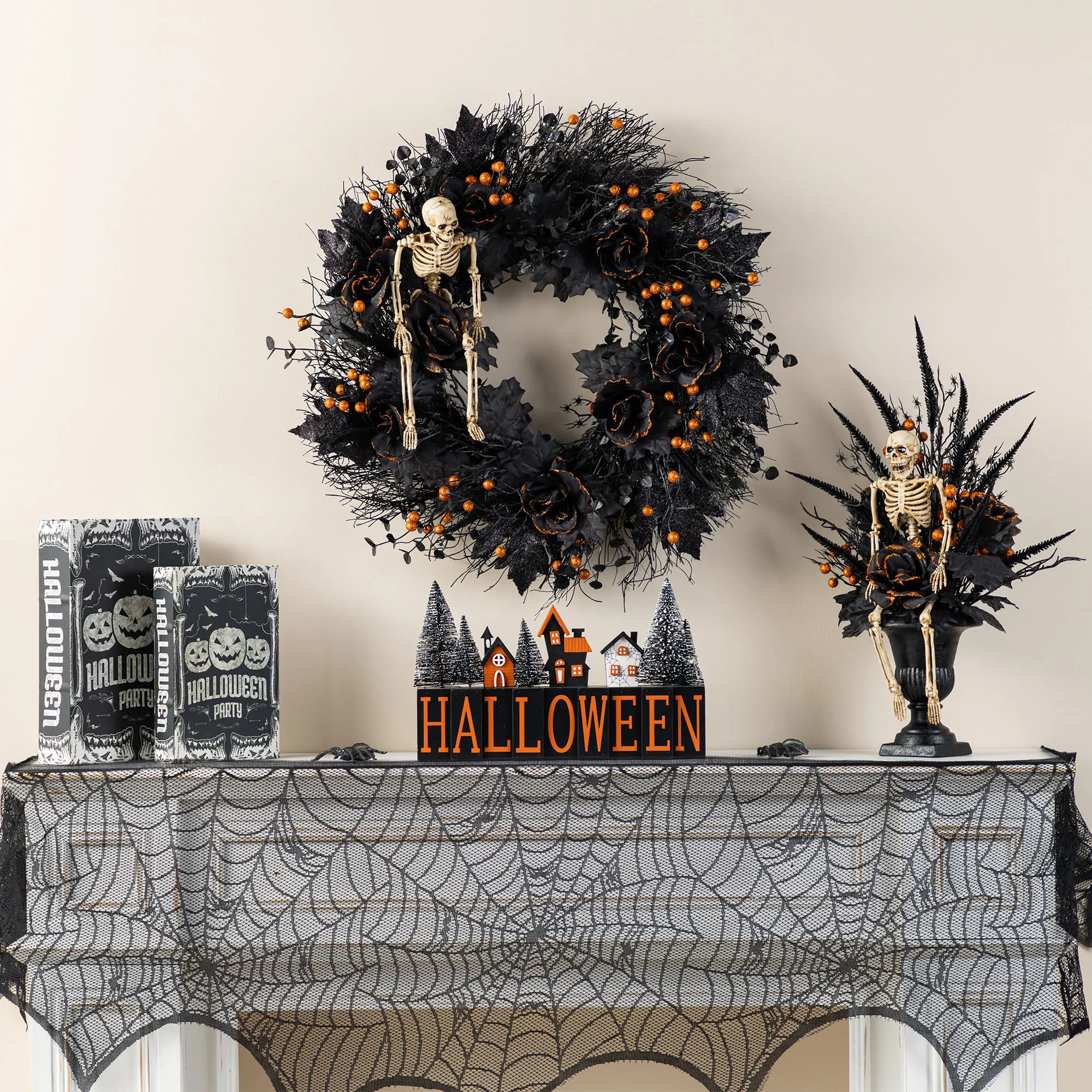 Glitzhome 24-in Spooky Halloween Festive Wreath with Black Roses, Skeleton & Berries – Includes Complimentary Black Metal Wreath Hanger for Home Decor (Garlands & Swags)