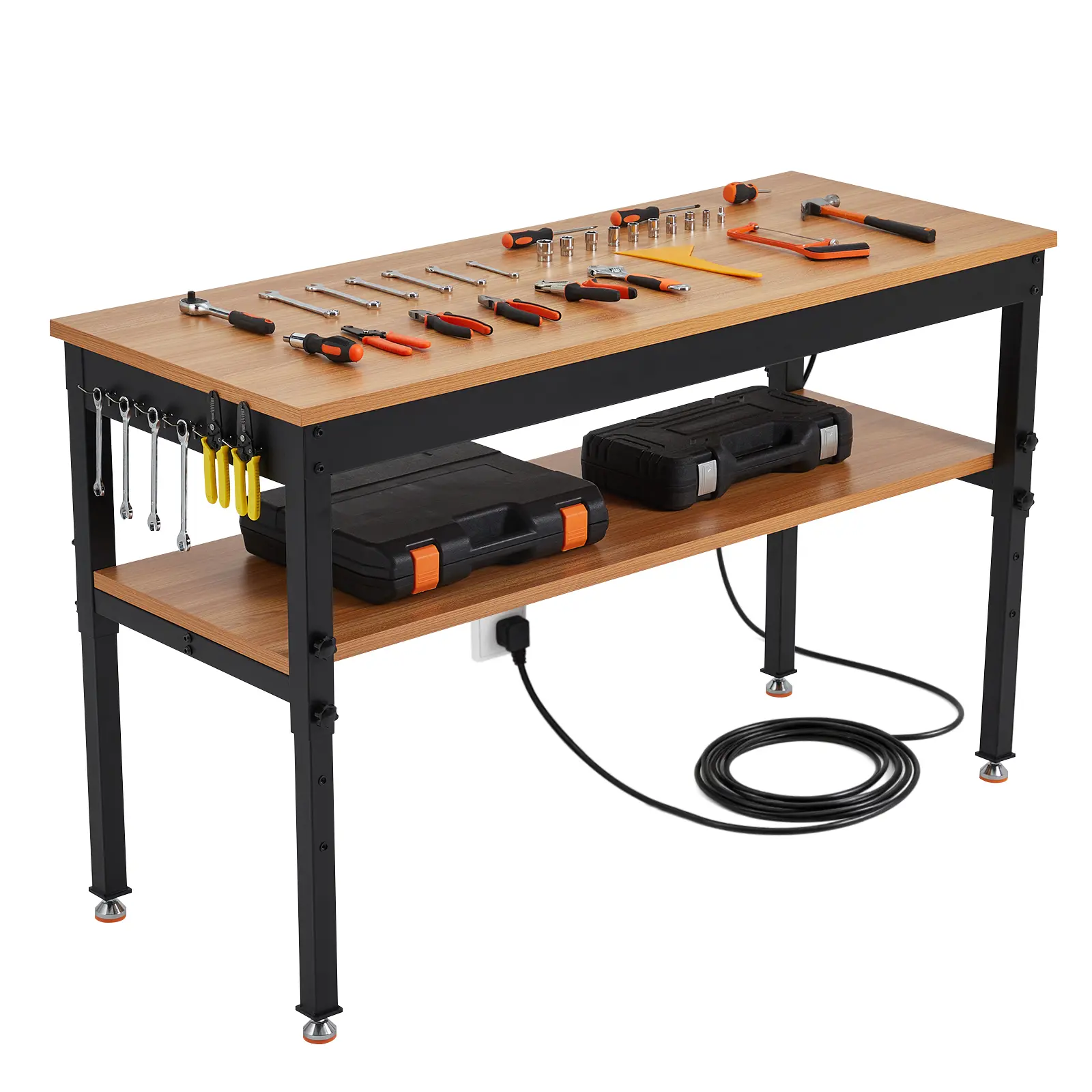 Adjustable Heavy-Duty Office Computer Workbench, 48x24 in, 2500 lbs Capacity, Black & Natural 2-Tier with Storage Shelf, Power Outlet, Ergonomics Tables, Reinforced Tables, Assembly Required, Easy Maintenance