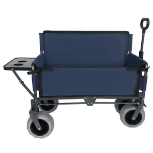 Donext 3-in-1 Folding Wagon with Bench Seat & Rear-Mounted Folding Tabletop – 500lbs Capacity, 9"x4" Beach Tires for Camping, Beach, Dark Blue plus