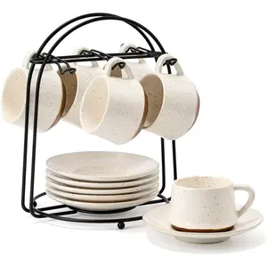 Stackable Cappuccino Cup Set of 6 [4 oz] Ceramic Coffee Cups with Saucers and Cup Holder,Microwave/Dishwasher Safe,Espresso Demitasse Cups(White)