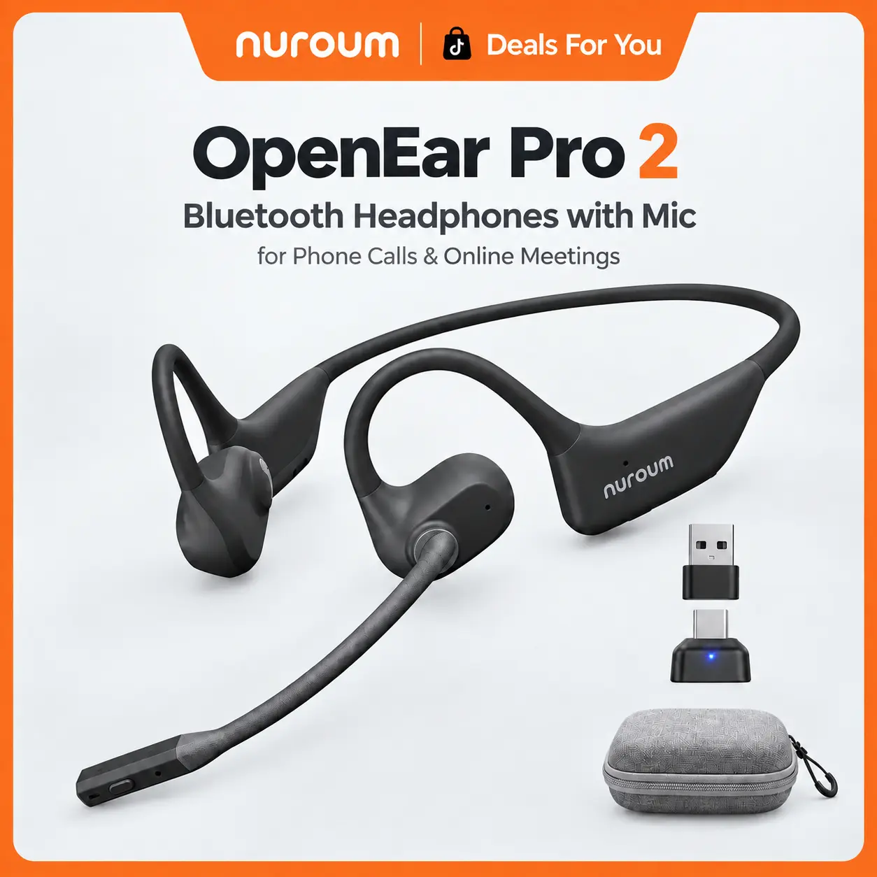 Nuroum OpenEar Pro 2 | Lightest Noise-Cancelling Open-Ear Headset with Mic for Phone Calls & Online Meetings