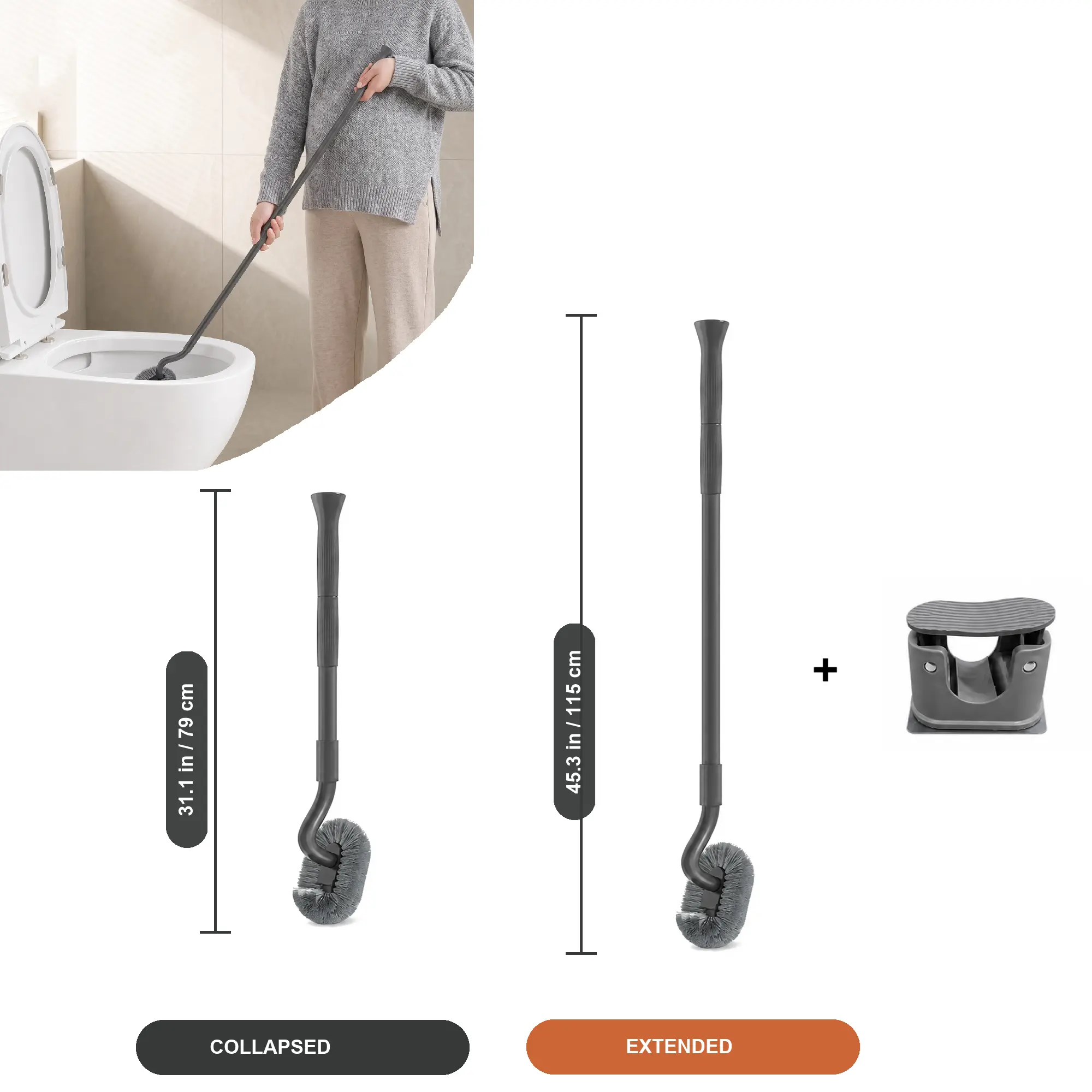 Extendable Toilet Brush Set | 45" Long Handle No-Bend Bathroom Cleaner | S-Shape Under Rim Wall Mounted Tool