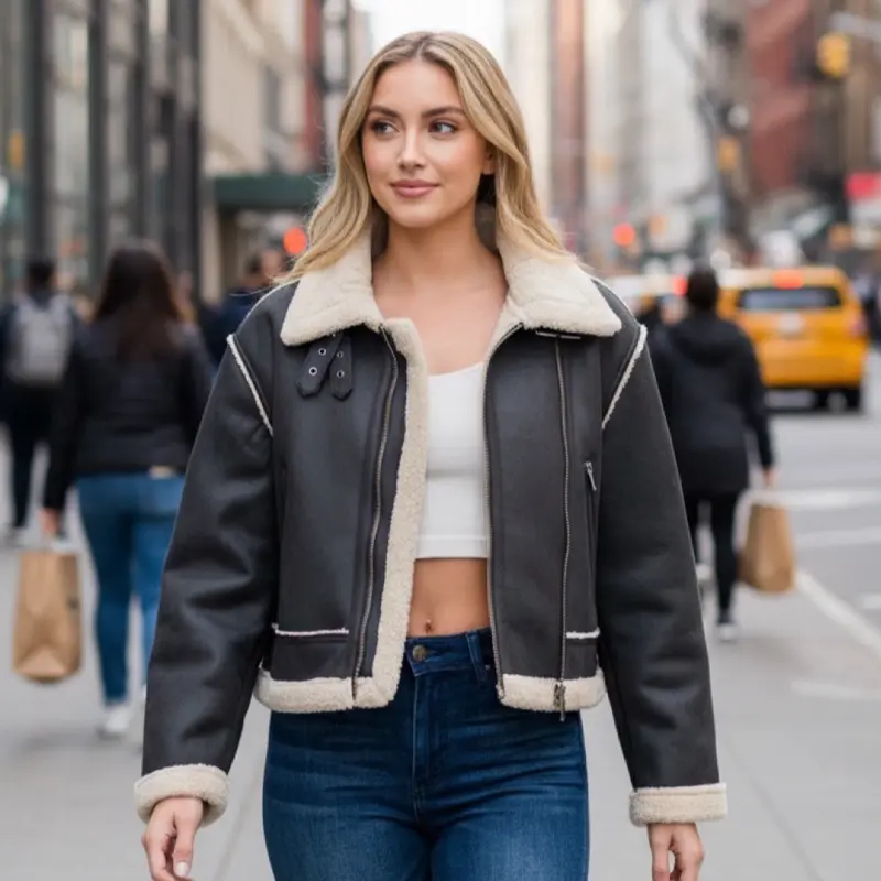 Dani098-Faux leather jacket with faux sheepskin lining 100%polyester