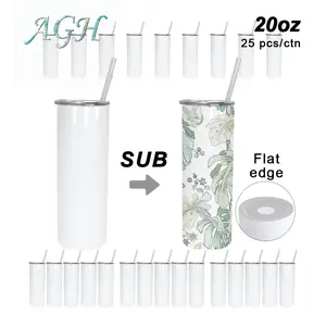 AGH 25PCS 20oz Flat Edge Skinny Tumblers Sublimation Stainless Steel Blanks Reusable Travel Cup Water Bottle Drinkware Flasks Insulation Mouth Bottled