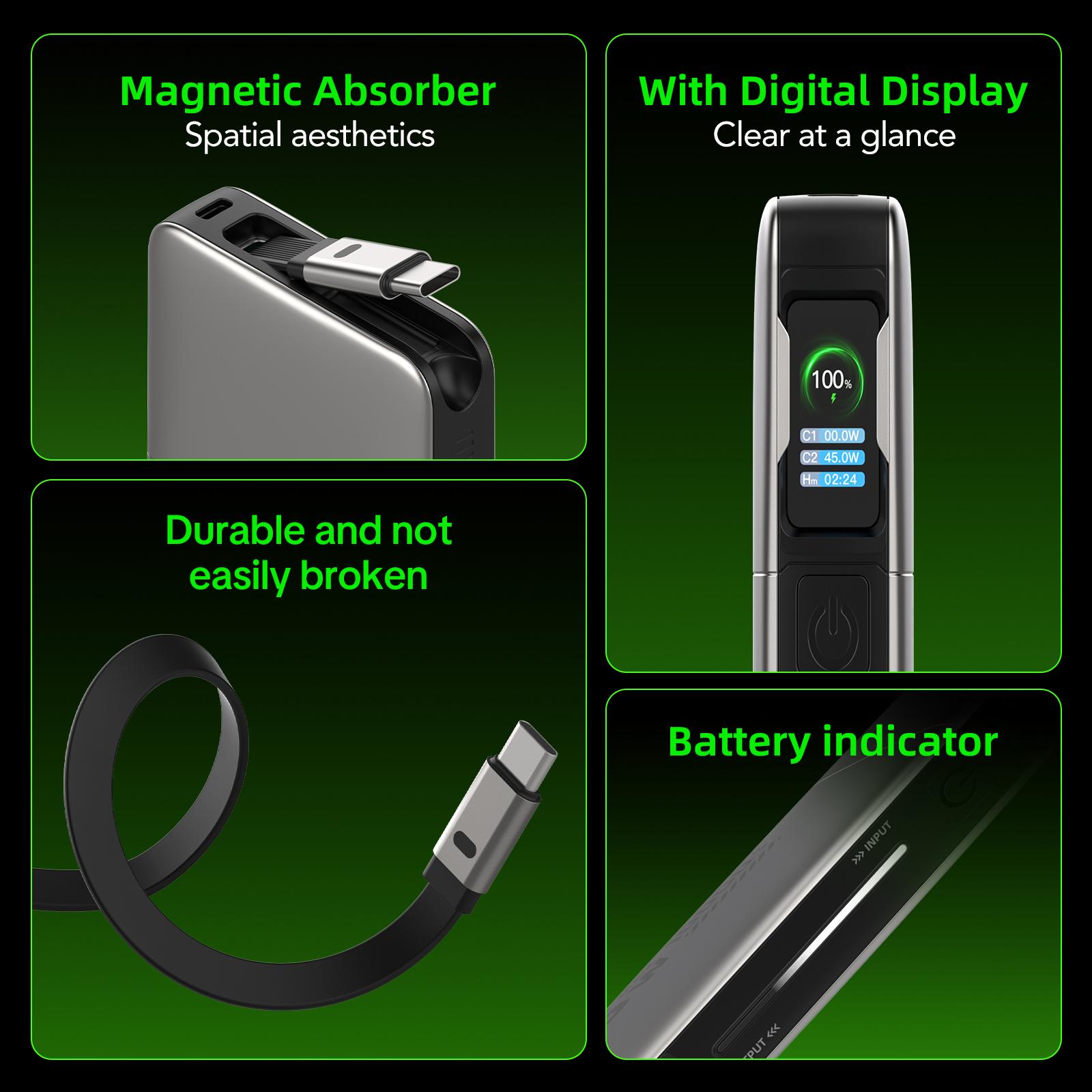 mfish Fast 45W 10000mAh Power Bank with Auto-Retractable Cable and Digital Display  for iPhone 16/15 Series, Galaxy, MacBook dealsforyoudays