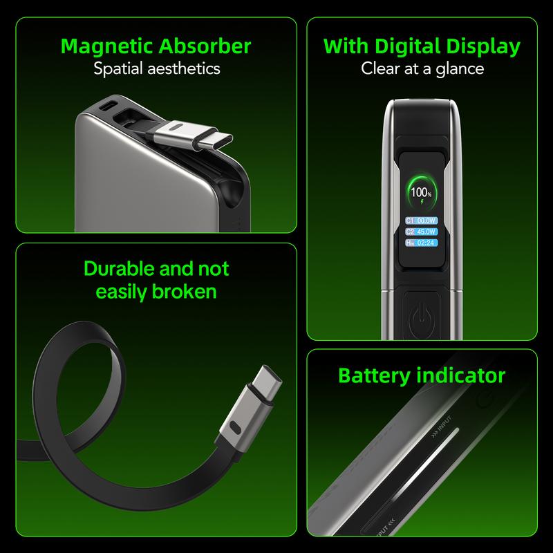 mfish Fast 45W 10000mAh Power Bank with Auto-Retractable Cable and Digital Display  for iPhone 16/15 Series, Galaxy, MacBook dealsforyoudays