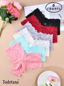 Ladies' 6pcs Lacy Bow Decor Scallop Trim Lace Panty, Soft, Cheeky, & Breathable Knickers. Low-Rise Panties Perfect for All Seasons & Travel, with Durable Elastic Waistbands. 6 nature colors blend style and utility for journeys.