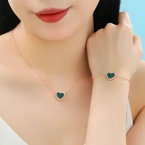 18K Gold/Silver/Rose Gold Color Dainty heart-shaped Malachite Necklace Bracelet Set high quality fashion jewelry Cubic Zirconia Puff Heart Necklace-Gift for Girlfriend