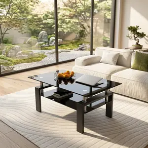 39.37 Inch Black Double Layer Tempered Glass Coffee Table, Heat Transfer Printed Metal Frame Heavy Duty 220LBS Load Bearing Rectangular Center Table, Easy Assembly Modern Home Leisure Side Table for Living Room Indoor Use