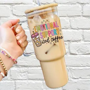 Emotional Support Iced Coffee Glass Cup with Lid and Straw - Aesthetic Drinkware with Bamboo Lid