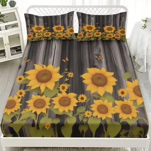2/3pcs Sunflower And Wooden Board Background Series Fitted Sheet Set, Suitable For Bedrooms, Hotels, Dormitories And Other Places, Machine Washable (1 Fitted Sheet + 1/2 Pillowcase, No Core)