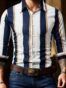 Men's Classic Long Sleeve Plaid Shirt with Stripe Details, Single Button Front, Suitable for Spring Summer Fall, Office Business Casual Formal