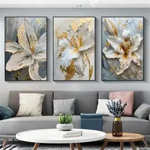 3pcs Luxurious Floral Wall Art Set, Living Room Background Decor, Bedroom Canvas Print Core, Unframed Poster