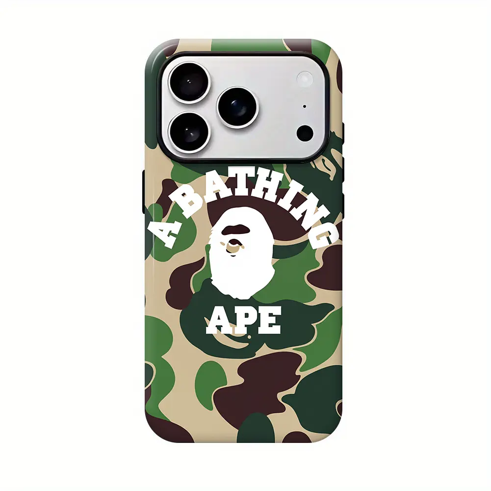 Bape A Bathing APE Camouflage Phone Case with Button & Camera Protection, Durable Army Camo Cover for iPhone 11-17 Pro Max/Plus, Samsung Galaxy S23-25
