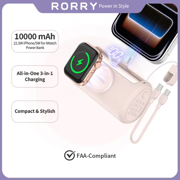 RORRY PalmGo Portable Charger 10000mAh 22.5W Fast Charging Mini Power Bank with Built-in USB C Connector 3-in-1 Battery Pack for iPhone 17/16/15 Pro/Max Apple Watch Ultra/11/10/SE iPad summerwins