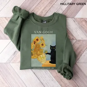Van Goghh Cat Sweatshirt, Black Cat Shirt, Cute Black Cat Shirt, Funny Cat Long Sleeve Womenswear