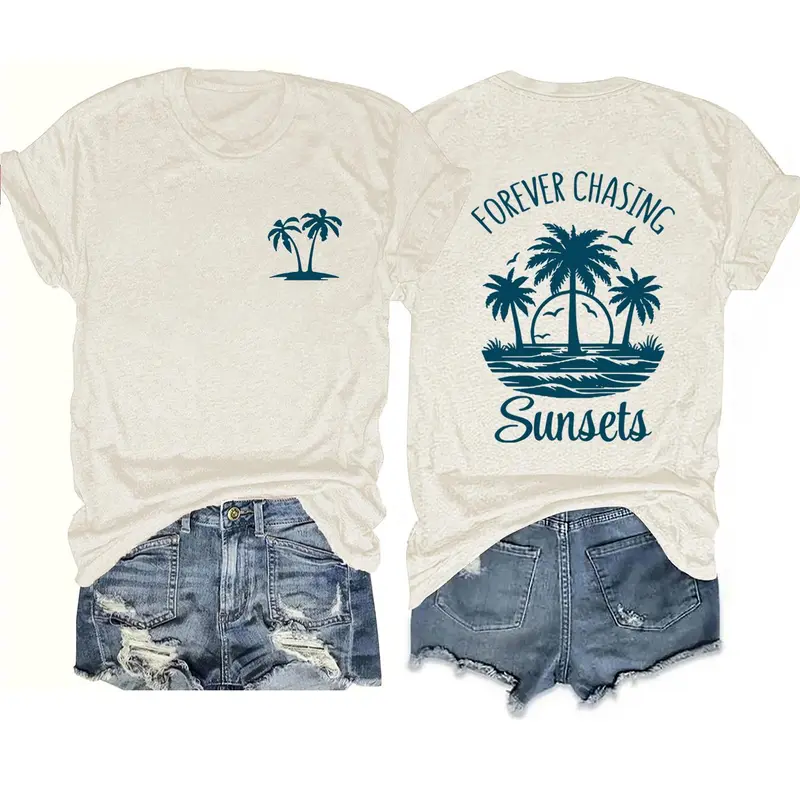 Women's Tropical Palm Tree & Letter Print Round Neck Fit Tee, Casual Fashion Vibe Short Sleeve T-shirt for Summer, Ladies Clothes for Everyday Wear, Womenswear, Top, Summer Fashion Clothing