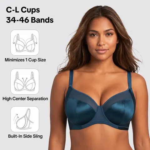 HSIA Lunaire Shimmer Seamless Unlined Plus Size Bra Up to L Cup Full Coverage Non Padded Underwire Side Support T-Shape Minimizer Bra Adjustable Wide Straps Breathable Shimmer Fabric for Big Bust Women