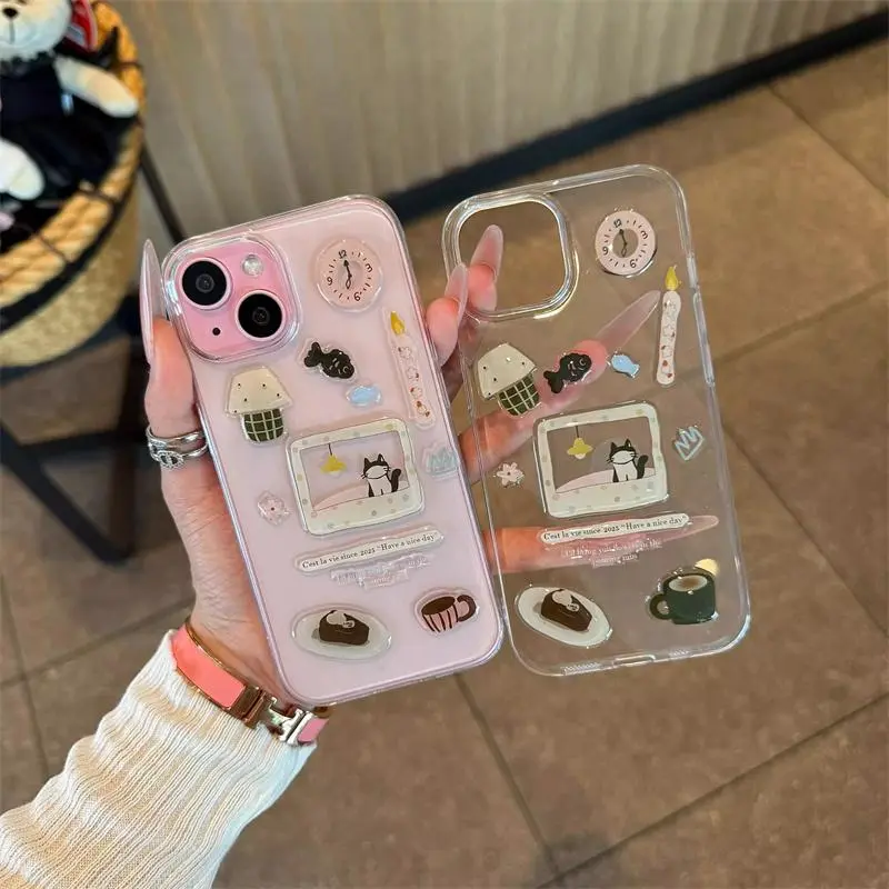 Cute Cat Pattern Phone Case with DIY Sticker, Transparent Phone Case for iPhone 11 12 13 14 15 Pro Max, Phone Accessories, Cover