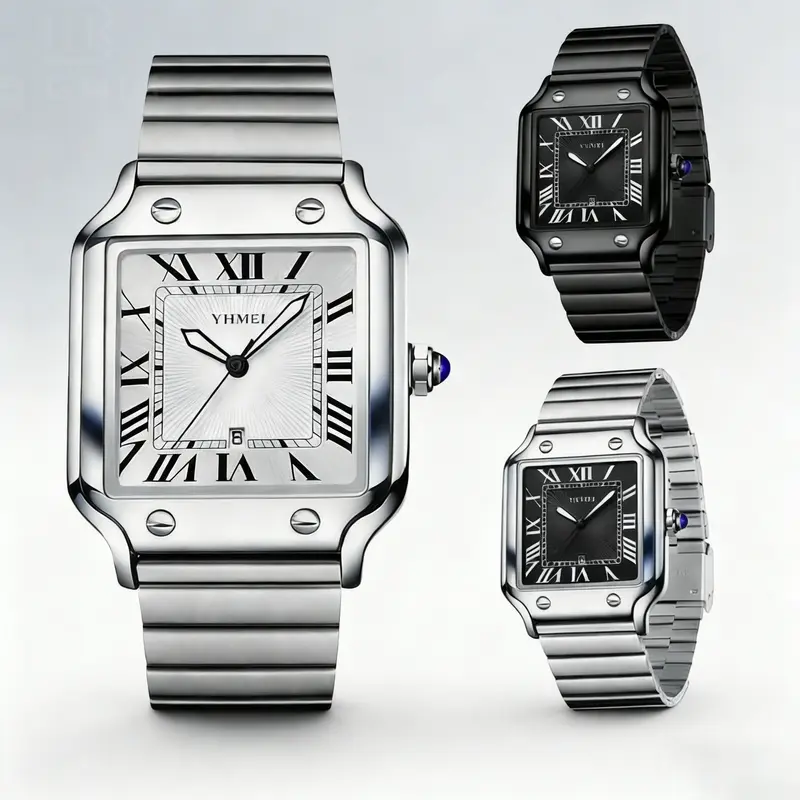 Unisex Classic Square Roman Numerals Silver Analog Water-Resistant Watch suitable for Women Men Stainless Steel Strap Date Display Casual Wristwatch