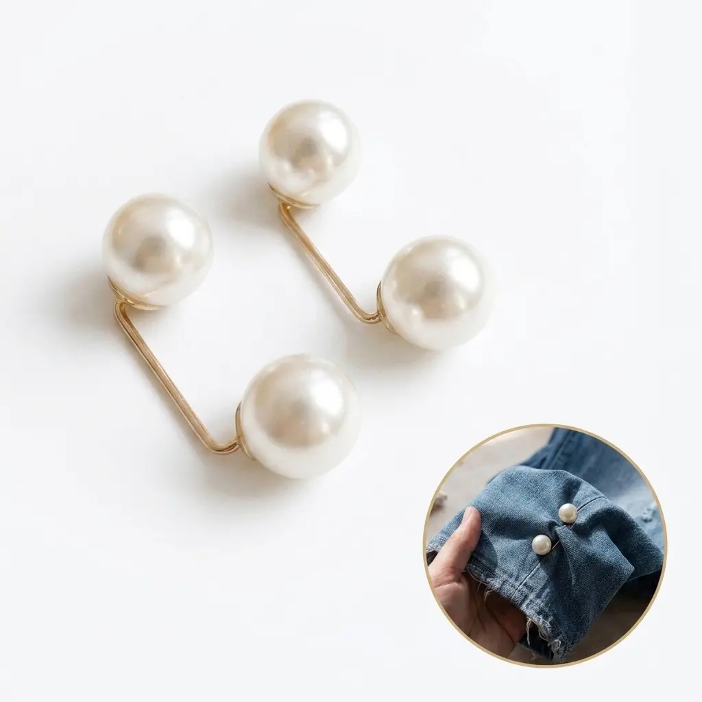 2Pcs Pearl Waist Tightener Buttons Adjustable Jeans Skirt Cinch Clips Anti Slip Anti Exposed Safety Pins Clothing Decor Brooch Accessory