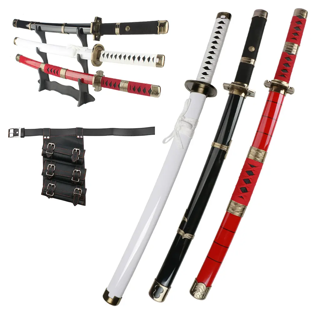 ELERVINO 31-in Unisex Bamboo Anime Cosplay Prop Swords Set - Roronoa Zoro Yubashiri/Wado Ichimonji/Sandai Kitetsu Dull Blade Plastic Props with Black Belt, Holder Stand Display for Ages 12+, Birthdays, Collectibles (Easy Handling)