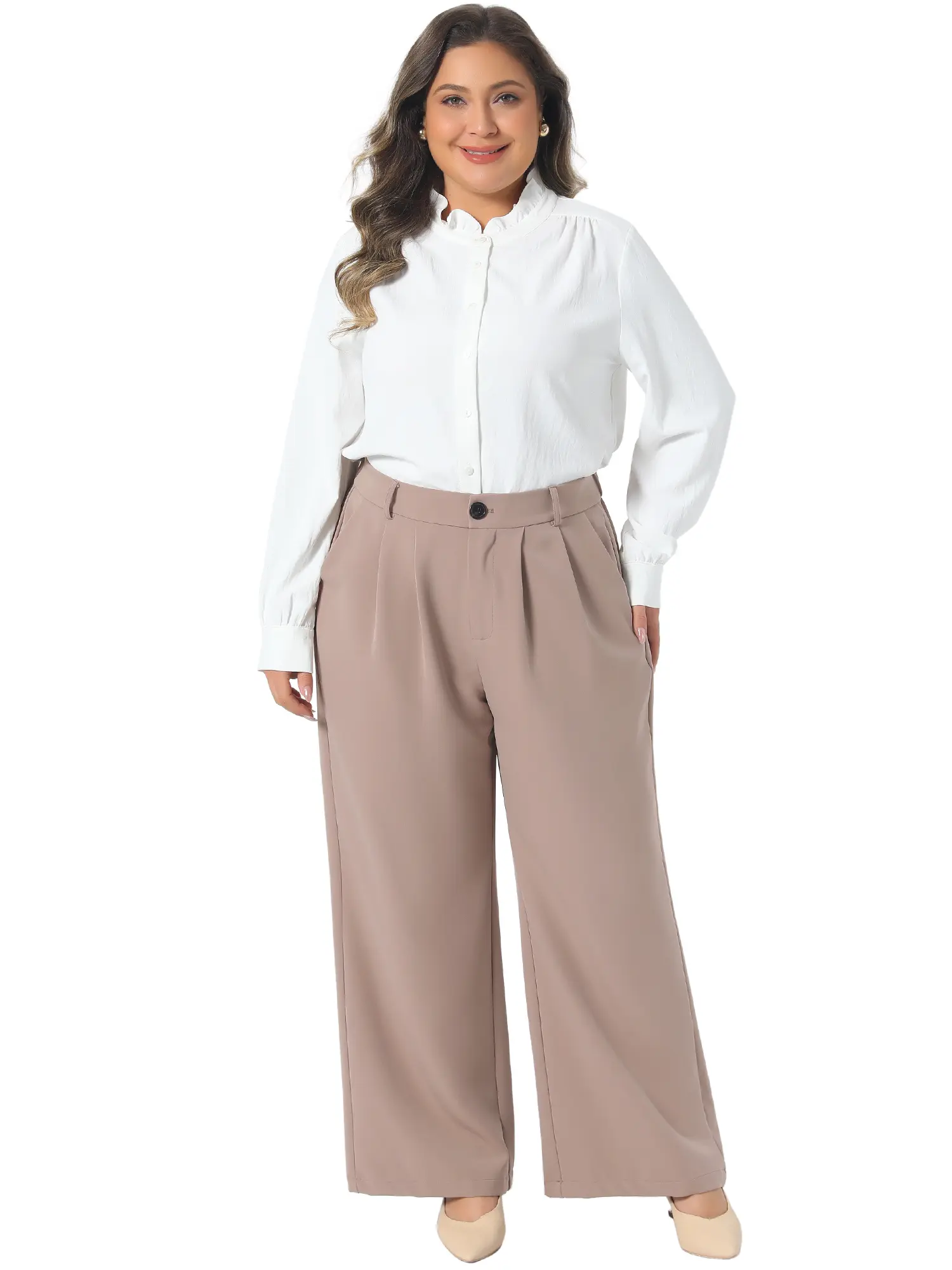 Agnes Orinda Plus Size Pants for Women Wide-Leg High Elastic Waisted Business Work Trousers Long Straight Suit Pants with Pockets