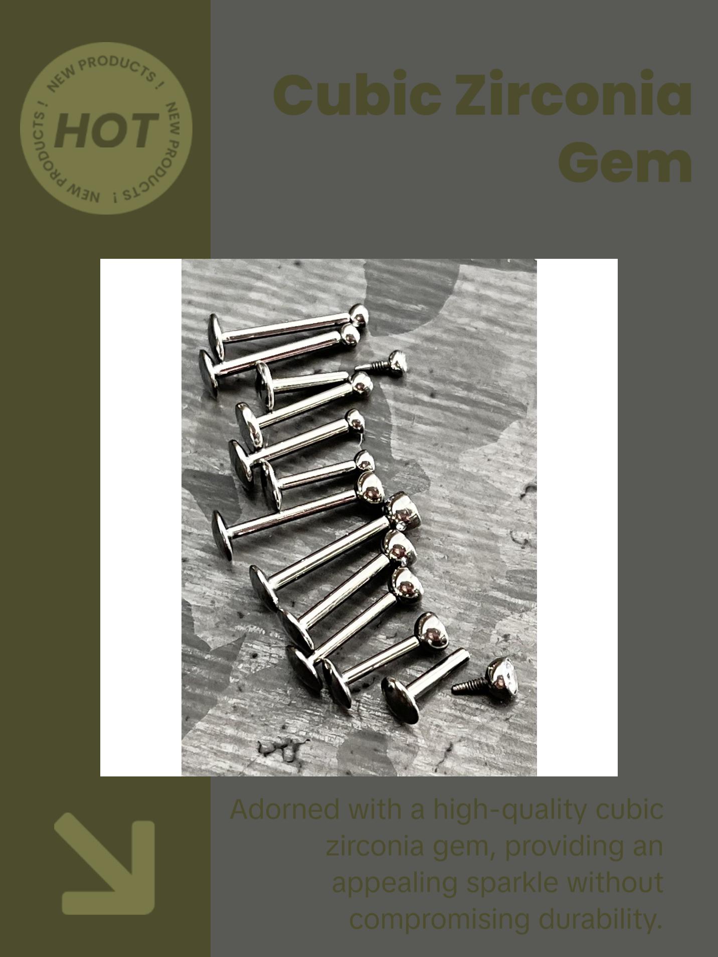 1 Piece of Internally Threaded Solid Titanium Bezel Gem Labret Stud Lip Ring - 16g or 18g - Gem Size: 2 or 3mm - Lengths - 6mm, 8mm or 10mm!