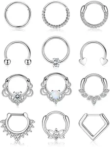 12pcs 16G Septum Rings for Women Men Hypoallergenic Steel Nose Piercings Jewelry Clicker Hinged Tragus Hoop Earrings Cartilage Stud CZ Love Nose Ring 8-10mm