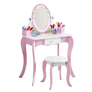 Girls Vanity Set with Mirror and Stool, 2-in-1 Top Removable Rotatable Mirror and Written Board Wooden Princess Vanity Table with Drawer, Makeup Vanity Dressing Table Set for Kids Gifts (Pink)
