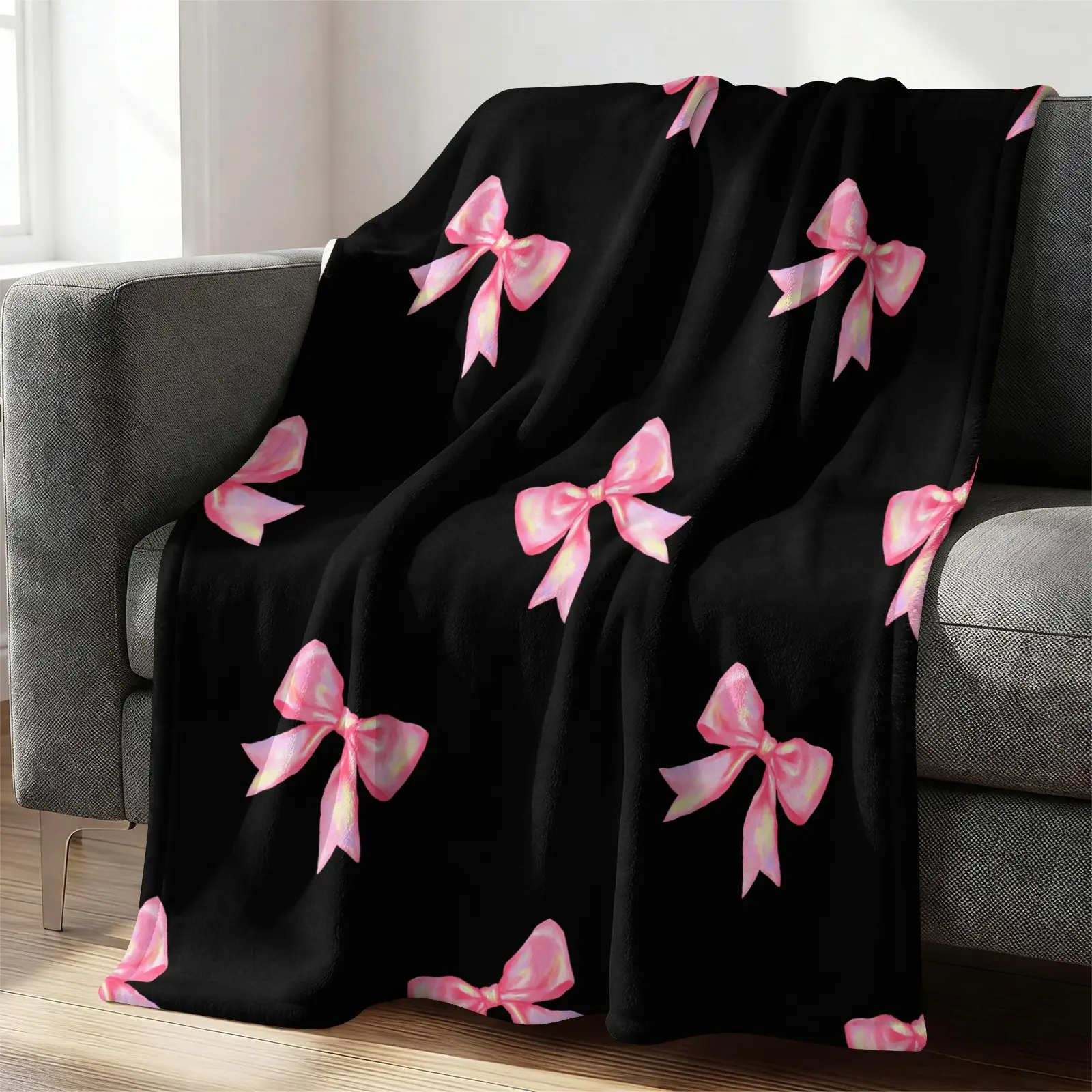 Sweet Cool Black Pink Bow Throw Blanket, Girlish Bedroom Personalized Plush Nap Blanket, Stylish Print Sofa Air Conditioning Plush Blanket, Soft Cozy Blanket for All Seasons