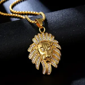 Luxury Hip-hop Retro Style Synthetic Zircon Lion Head Pendant Stainless Steel Men's Necklace, Daily Party, Gift Jewelry for Men