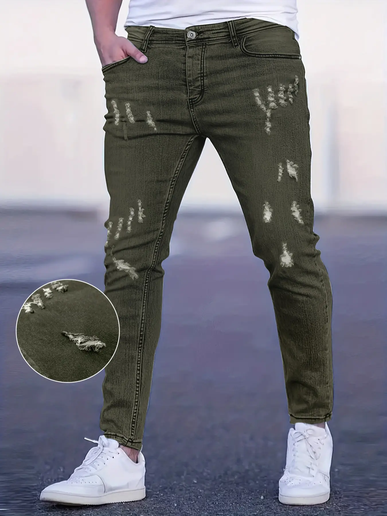 Men's Army Green Solid Plain Ripped Slim Denim Pants - Narrow Fit, 4-Season Versatile, Zipper Design, Polyester-Elastane Fabric, Distressed Hole Detail, Trendy Niche Color, Sexy Classic Aesthetic Menswear
