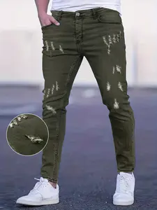 Army green ripped slim jeans men's, small feet casual four-season versatile, army green niche trendy color