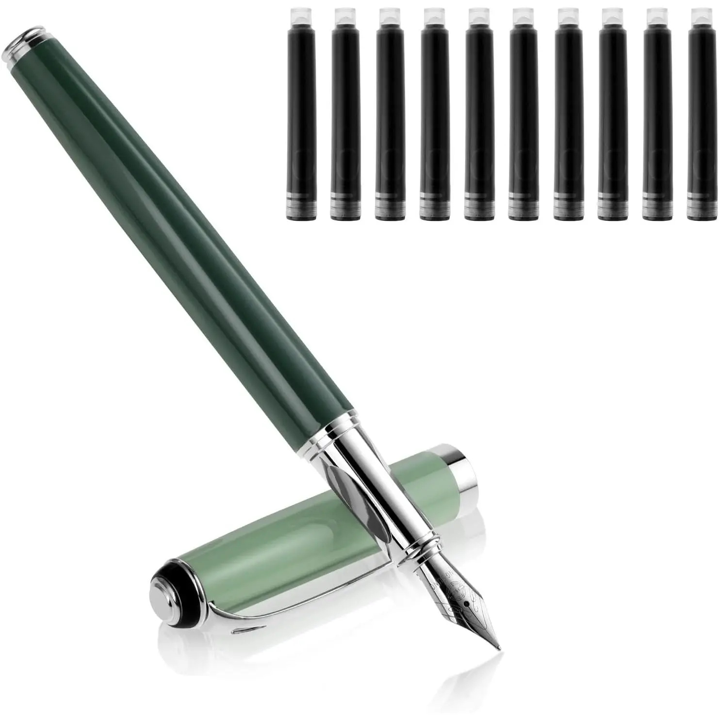 Metal Fountain Pens with 10 Black Ink Cartridges, 0.5mm Fine Nib Fountain Pen Smooth Writing Luxury Calligraphy Pen Office School Supplies (Green)