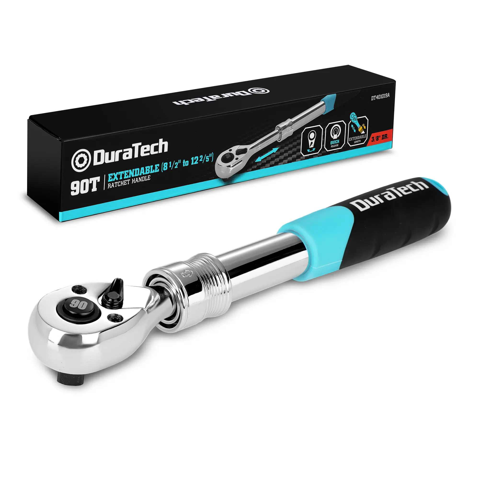 #fathersdaygift DURATECH 3/8 & 1/2-Inch Drive Extendable Ratchet, 90-Tooth Quick-release Ratchet Wrench with Cushion Handle & Telsecoping Locking Shaft(4 Length Adjustment: 8-1/2" to 12-2/5"), Reversible, Chrome Alloy Made