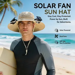Solar Fan Hat for Men & Women - UPF 50+ Wide Brim Sun Bucket Hat with 2 Cooling Fans | Solar Powered & USB Rechargeable | Waterproof Gardening Hat, Fishing & Hiking Safari Cap | Summer Beach Essentials & Skincare Sun Protection Gift