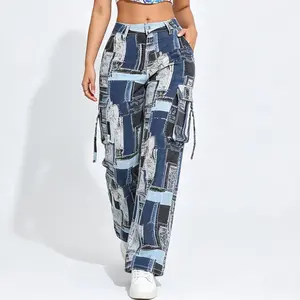 Women's Edgy Bottoms Statement Streetwear Patchwork Fitted Maxi Cargo Jeans  Beach Zipper Button Wide Leg Colorblock Design