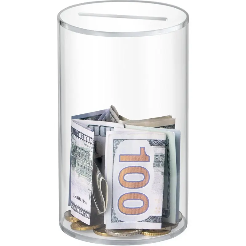 Clear-Cylinder Acrylic Piggy Bank - Durable Must-Break-to-Open Cash Saving Box, 6" H x 3.54" D Small Size (3 Sizes Available) Money Storage Jar, Back to School Coin Bank for Kids & Adults Home Decor Supplies