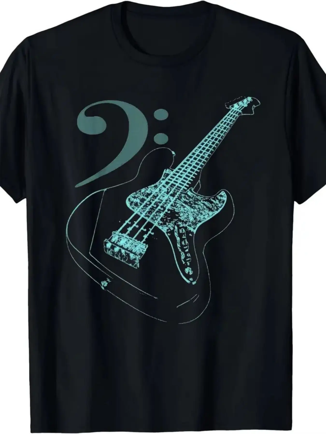 Men's Guitar TShirt Black with Turquoise Music Note Casual Crew Neck Comfortable Fabric AllSeason Trendy Top Slight Stretch Regular Fit Suitable for All Body Types Parties Beach & Sports Outdoor Clothing|All-Season Casual Wear, PLUS SIZE