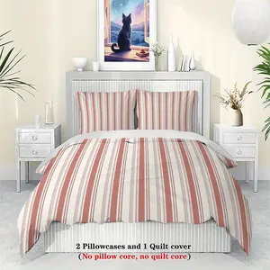 Vertical Striped Bedding Duvet Set, Soft Bedding Sets, Soft & Comfortable Reddish-Brown & White Alternating Stripes, Multiple Sizes (173x219/200x200cm etc.), Ideal for Bedroom, Home Decor, Hotel, Dorm & Gifting, Essential Bedding for Various Living Spaces