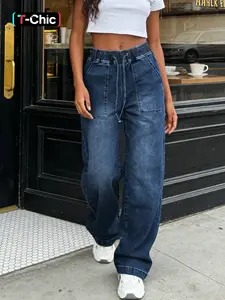 Women's Deep Blue Casual Drawstring High Waist Wide Leg Denim Jeans Pants, Elastic Fabric, Loose Fit, All Seasons, Fashionable and Comfortable