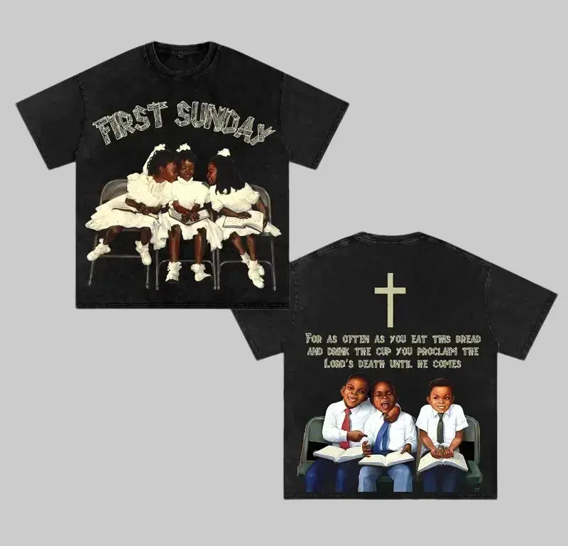 Men's Vintage Christian First Sunday Letter Print Cotton Washed Short Sleeve Top, Loose-Fit All-Seasons Streetwear Outfits Tee