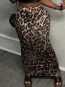 European and American Bloggers' Leopard Print Satin Long Dress, Stretchy Bodycon, Easy to Achieve Hourglass Figure, Fashionable Evening Gown