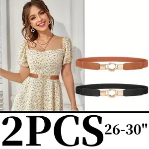 2PCS Women Retro Elastic Stretchy Metal Buckle Skinny Waist Belt 1 inch Wide