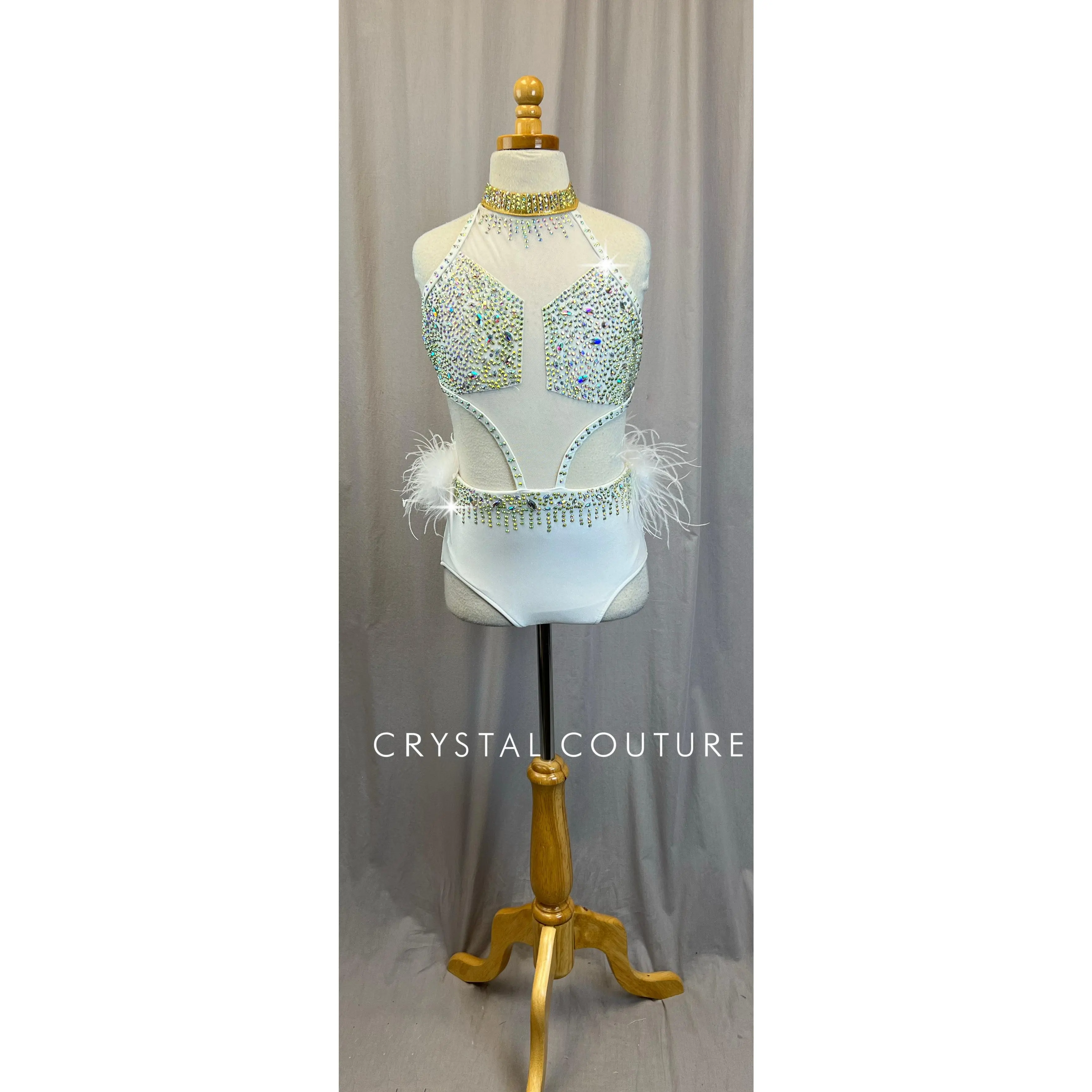 White and Gold Mesh and Feather Leotard - Rhinestones