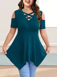Elegant Women's Casual Top with Shoulder Detail, Pure Color Cross Strap V Neck, Fashion Irregular Hem, Loose Fit Plus Size Blouse, Womenswear