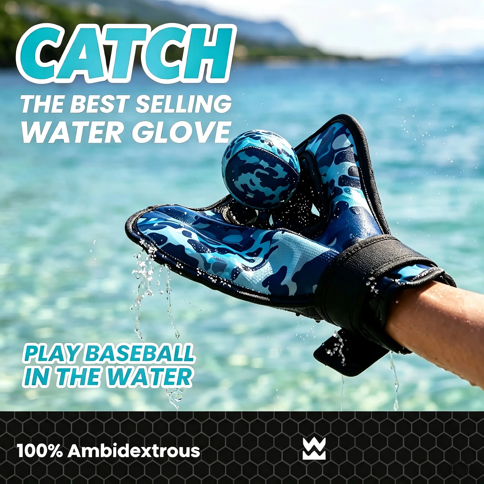 Ambidextrous Water Glove, Waterproof & Quick Dry, Pro Bouncing Ball Set | Baseball Style Water Catch Mitt for Water Balls, Ideal for Beach Games & Pool Toys